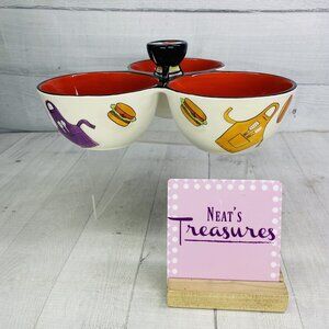 Clay Art GRILL TIME Hand Painted Summer Fun  3 Section Ceramic Condiment Server